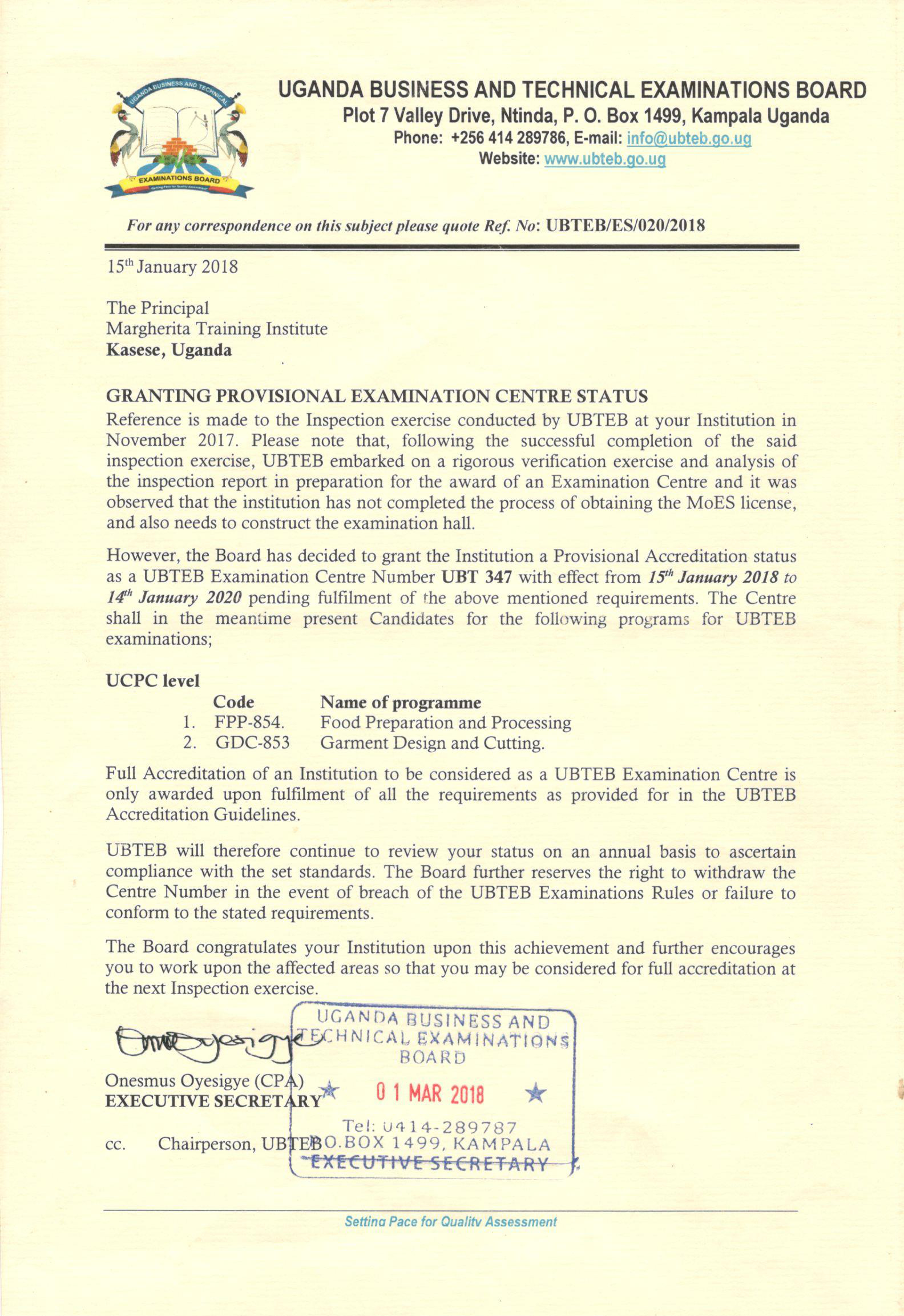 Uganda Business and Technology Examination Board (UBTEB) certification - Margherita Training Institute