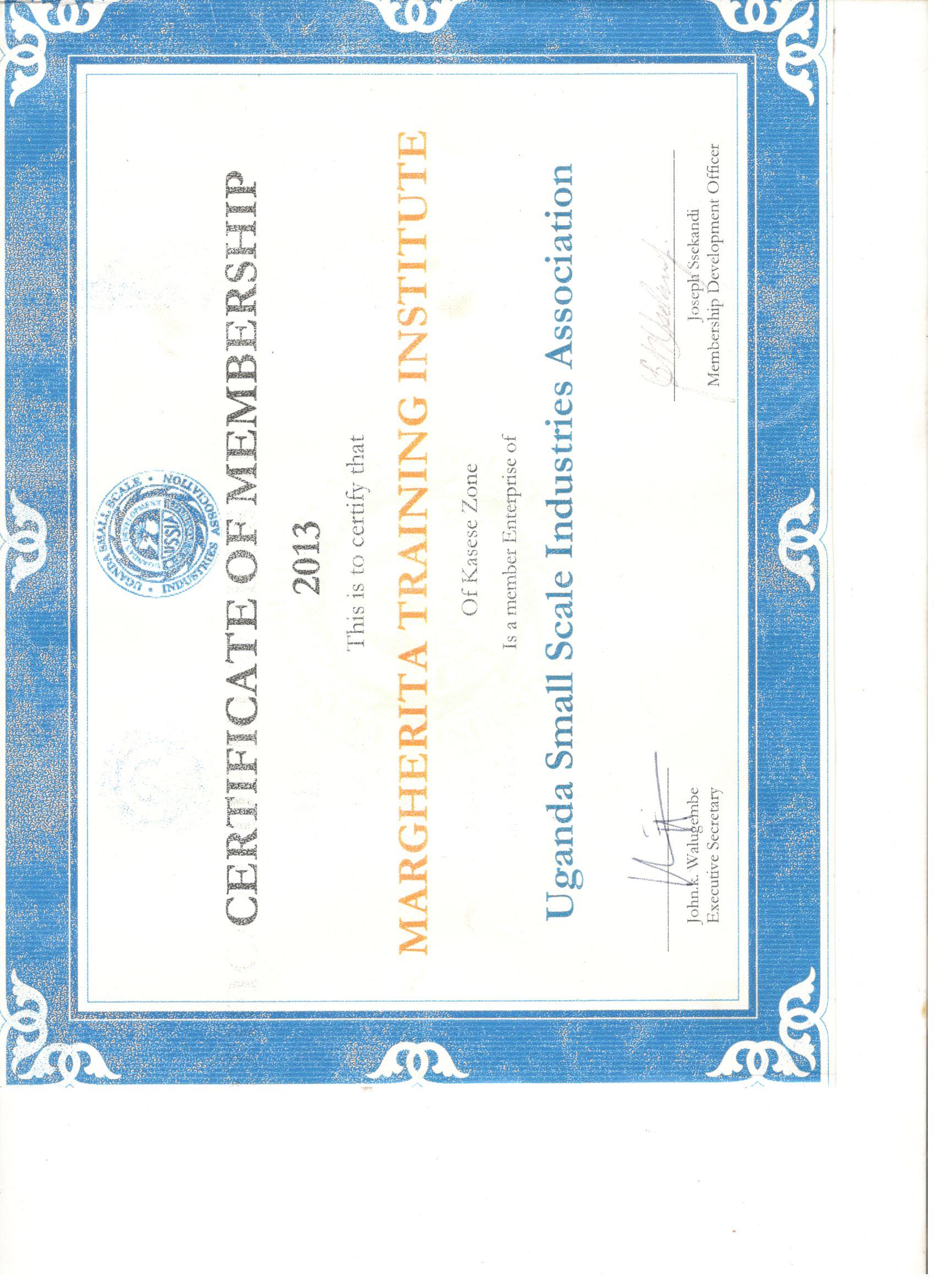 Uganda Small Scale Industries Association certification - Margherita Training Institute